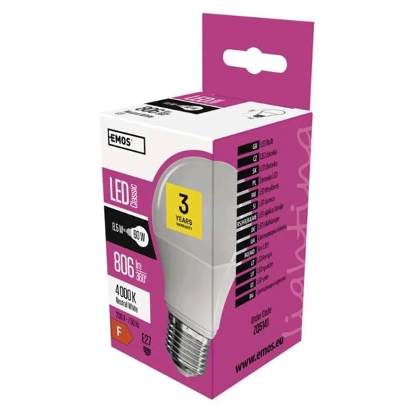 LED žiarovka Classic A60, E27 8,5 W (60 W), 806 lm, neutrálna biela
