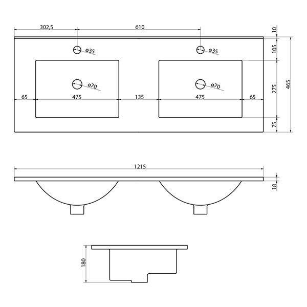 Dvojumývadlo Sapho SLIM 121 × 46 cm, keramické