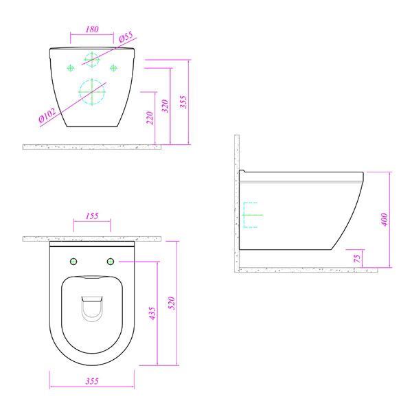 WC misa CLAUDIA závesná, rimless, 35,5 × 52 cm, biela