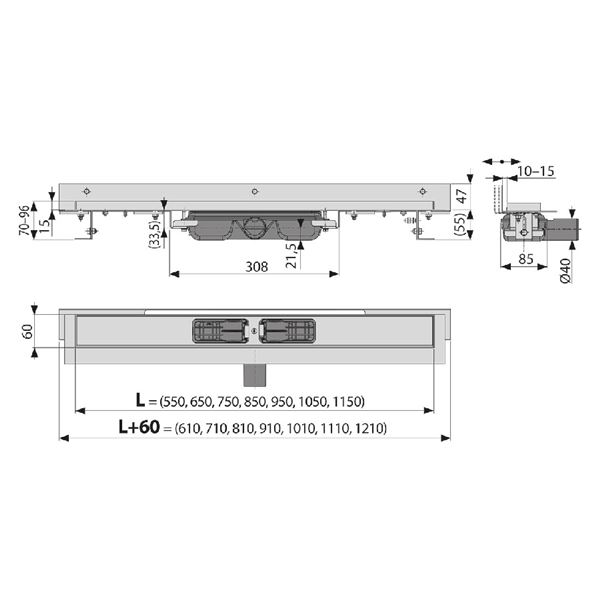 Žľab sprchový Alcaplast APZ 104 Flexible Low 1050 mm, výška 70 mm
