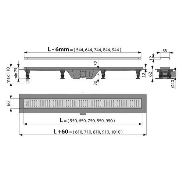 Alcaplast - žľab sprchový APZ 10 850 mm, plast, čierny