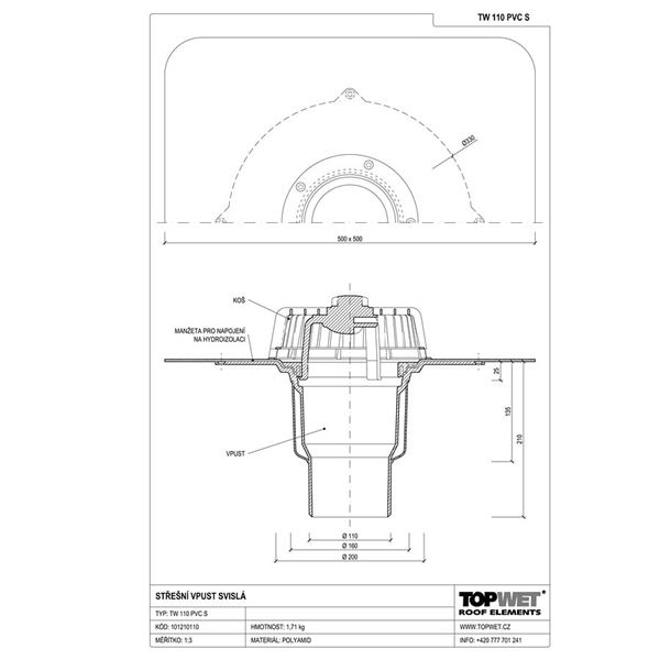 Strešná vpusť PVC kolmá priemer 100 mm